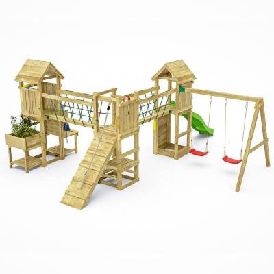 Parco giochi in legno Fungoo Optimizer con scivolo, altalene, arrampicata e cucina per bambini