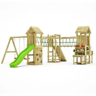 Parco giochi in legno Fungoo Optimizer con scivolo, altalene, arrampicata e cucina per bambini