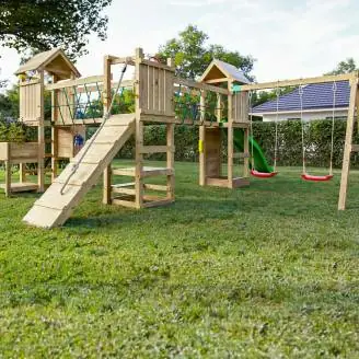 Parco giochi in legno Fungoo Optimizer con scivolo, altalene, arrampicata e cucina per bambini