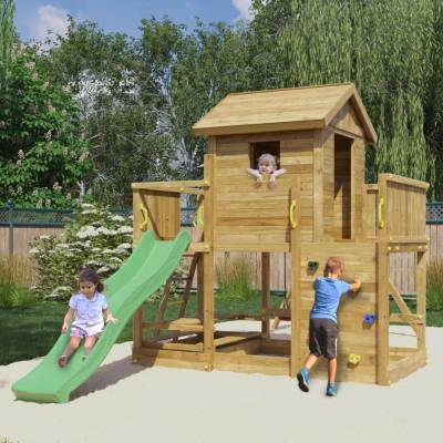 Casetta parco giochi in legno Fungoo Mars con Scivolo, Altalena, Tavolo pic nic e Arrampicata