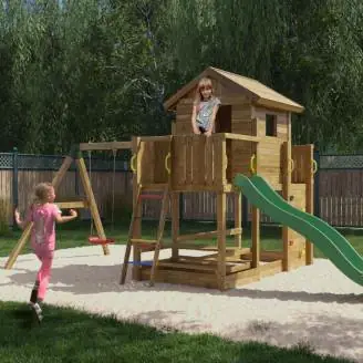 Casetta parco giochi in legno Fungoo Mars con Scivolo, Altalena, Tavolo pic nic e Arrampicata