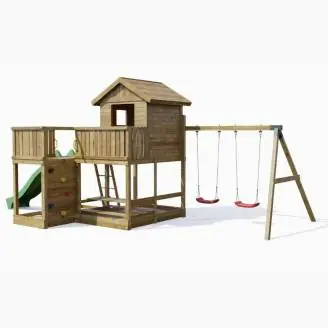 Casetta parco giochi in legno Fungoo Pluto con Scivolo, due altalene, tavolo Picnic, arrampicata e sabbiera