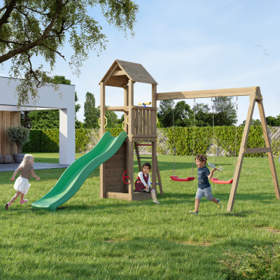 Altalena e Scivolo Parco giochi con casetta Fungoo FLAPPI giochi da giardino in legno