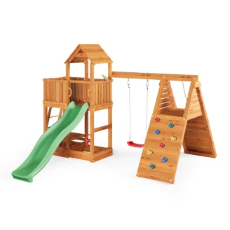 Parco giochi Fungoo FLUPPI con sabbiera, arrampicata, tavolo picnic, altalena e scivolo