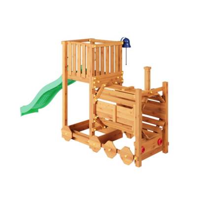 Trenino Parco giochi in legno Fungoo Loco con scivolo colore teak