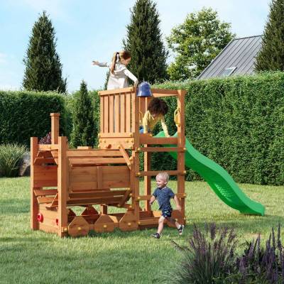 Trenino Parco giochi in legno Fungoo Loco con scivolo colore teak
