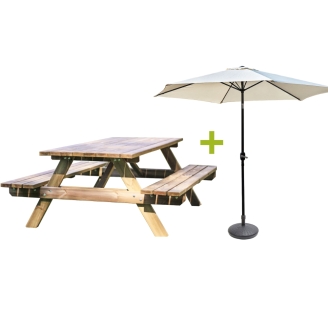 Set tavolo da picnic in legno Happytime 35 mm 180x150x70 cm + Ombrellone 3x3 Amalfi con base