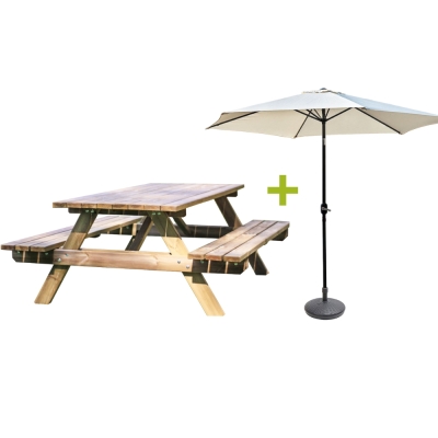 Set tavolo da picnic in legno Happytime 35 mm 180x150x70 cm + Ombrellone 3x3 Amalfi con base