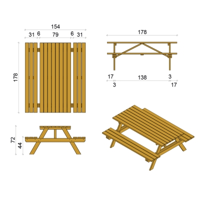 Set tavolo da picnic in legno Happytime 35 mm 180x150x70 cm + Ombrellone 3x3 Amalfi con base